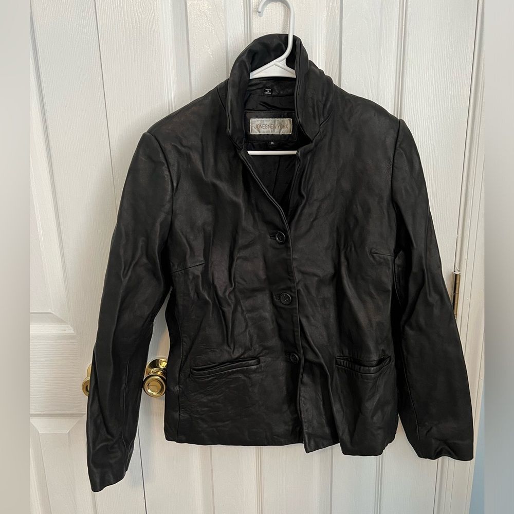 Jones New York Womens Medium Black Leather Long Sleeve Button Down Jacket